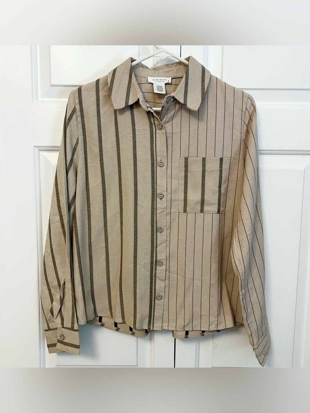 Womens Beige Striped Button-Down Shirt